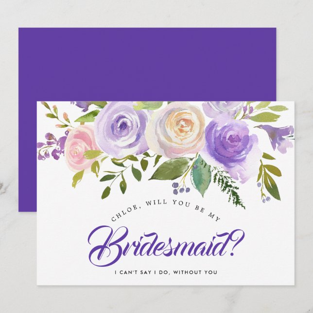 Purple Floral Will You Be My Bridesmaid Card (Front/Back)