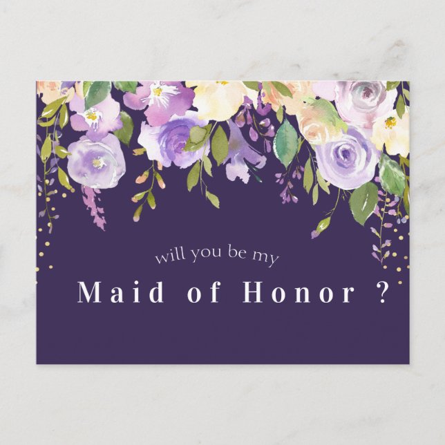 purple floral will you be my Maid of Honor card (Front)