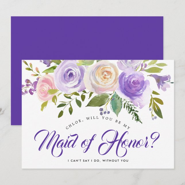 Purple Floral Will You be My Maid of Honor Card (Front/Back)