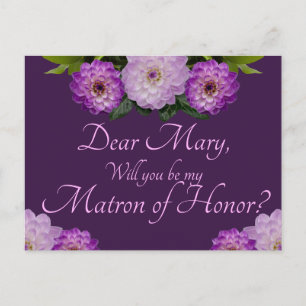 Purple Floral Will You Be My Matron of Honor? Invitation Postcard