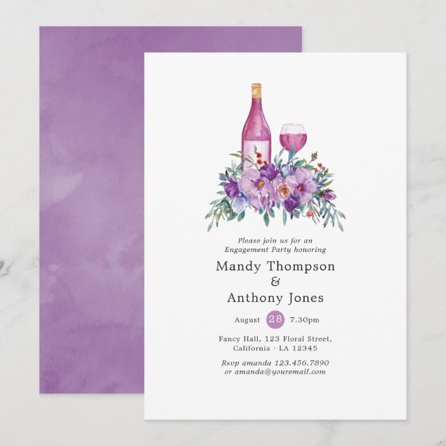 Purple Floral Wine Tasting Engagement Party Invitation (Front/Back)