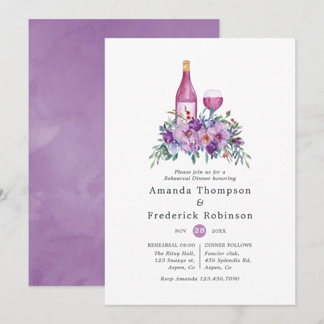 Purple Floral Wine Tasting Rehearsal Dinner Invitation (Front/Back)