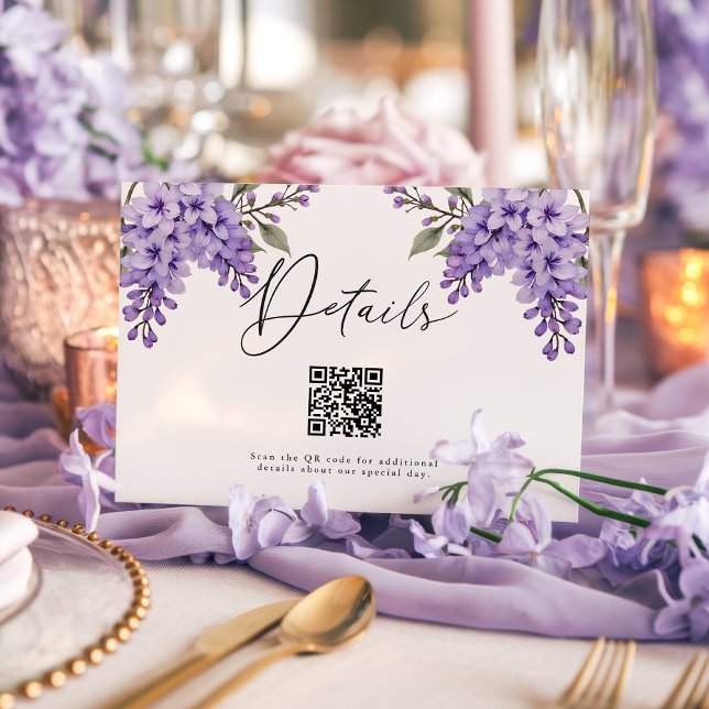 Purple Floral Wisteria QR Code Wedding Details Enclosure Card (Creator Uploaded)
