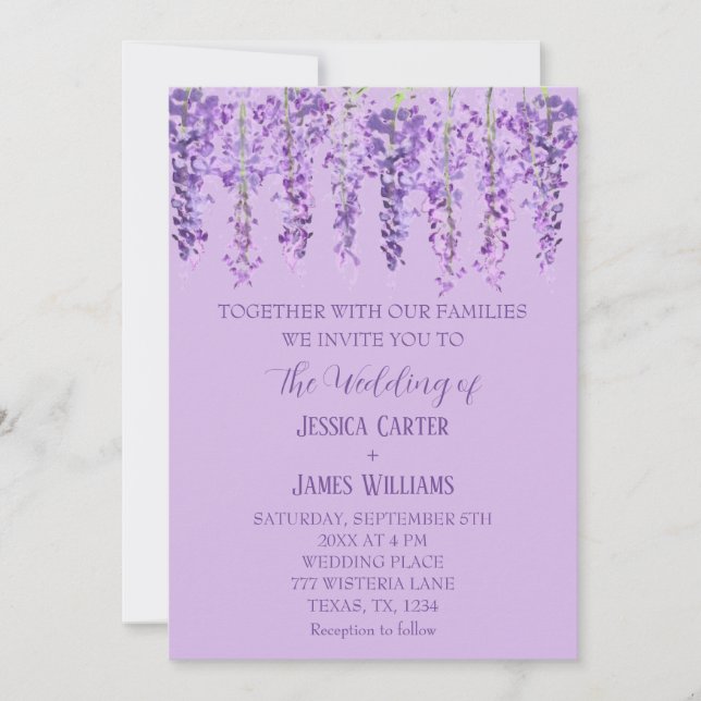 Purple Floral Wisteria Watercolor Lavender Wedding Invitation (Front)