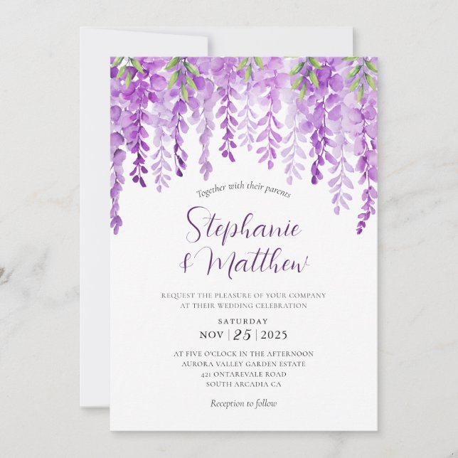 Purple Floral Wisteria Watercolor Wedding Invitation (Front)