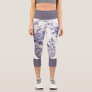 Purple Floral With Dark Purple Band Capri Leggings