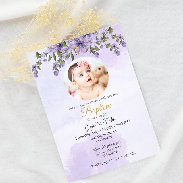 Purple Floral with Photo Baptism Invitation (Purple Floral With Photo Baptism Invitation)