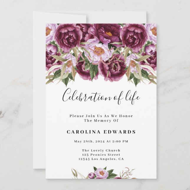 Purple Floral Woman Celebration Of Life Invite (Front)