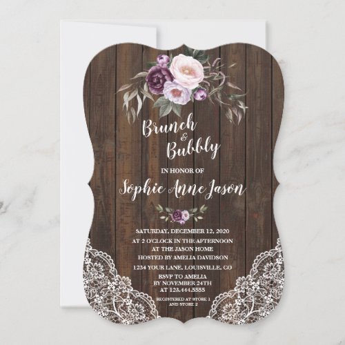 Purple Floral Wood Brunch and Bubbly Bridal Shower Invitation