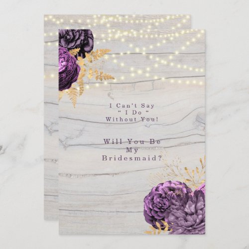Purple Floral Wood Light Will You Be My Bridesmaid Invitation