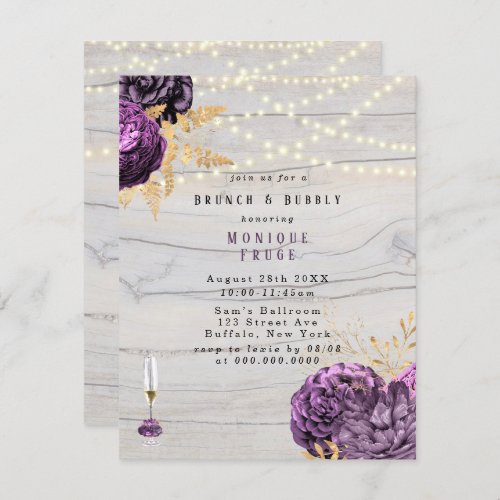 Purple Floral Wood Lights Brunch  Bubbly Invitation