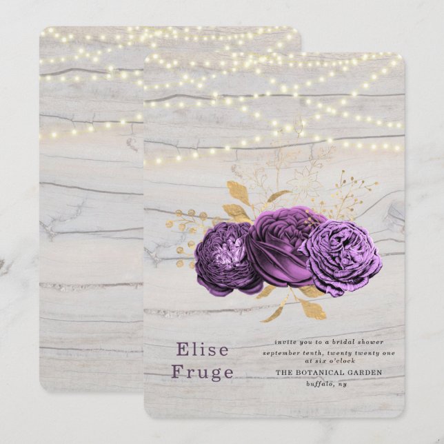 Purple Floral Wood Of String Lights Bridal Shower Invitation (Front/Back)