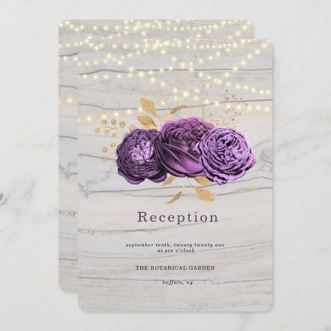 Purple Floral Wood Of String Lights Reception Invitation (Front/Back)