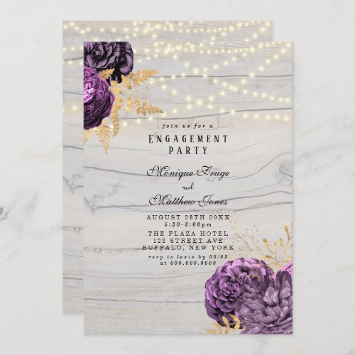 Purple Floral Wood String Lights Engagement Party Invitation