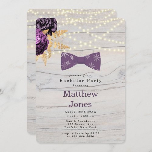 Purple Floral Wood String Of Lights Bachelor Party Invitation