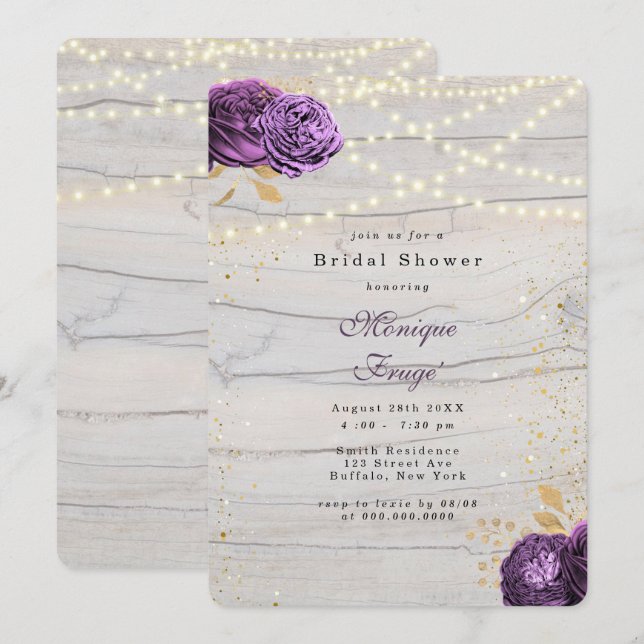 Purple Floral Wood String Of Lights Bridal Shower Invitation (Front/Back)