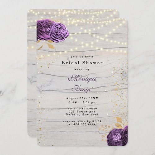Purple Floral Wood String Of Lights Bridal Shower Invitation