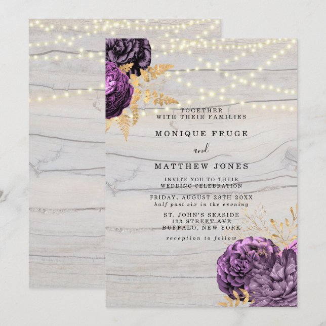 Purple Floral Wood String Of Lights Wedding Invitation (Front/Back)