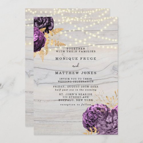 Purple Floral Wood String Of Lights Wedding Invitation