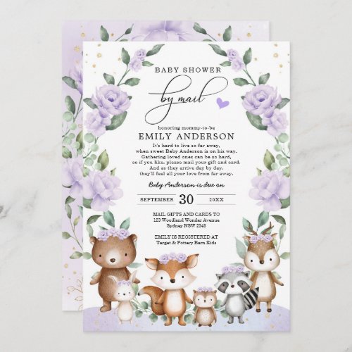 Purple Floral Woodland Animals Baby Shower Invitation