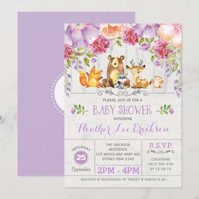 Purple Floral Woodland Animals Baby Shower Invite (Front/Back)