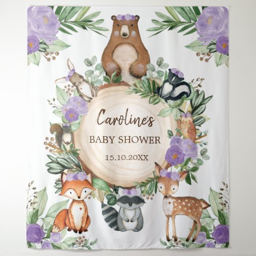 Purple Floral Woodland Animals Baby Shower Welcome Tapestry