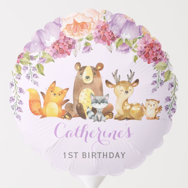 Purple Floral Woodland Animals Birthday Shower Balloon (Back)