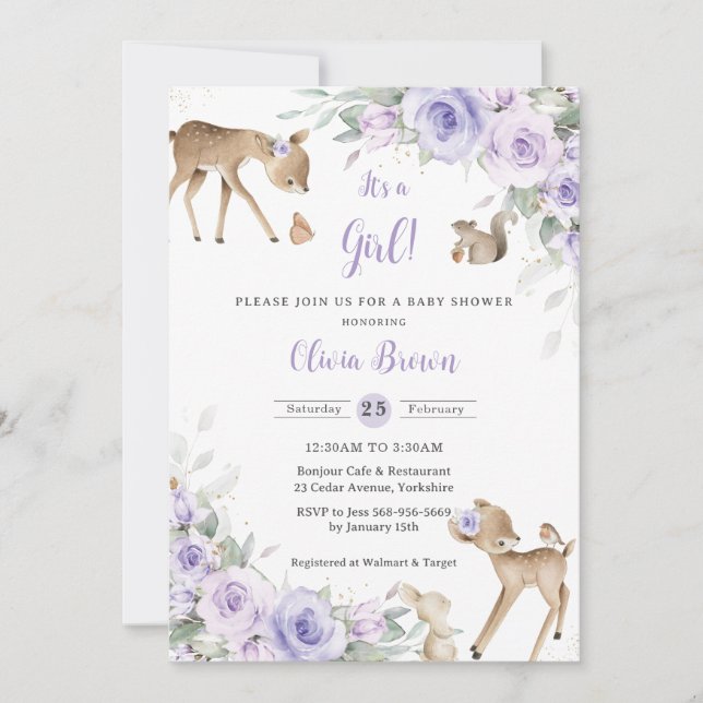 Purple Floral Woodland Animals Deer Baby Shower  Invitation (Front)
