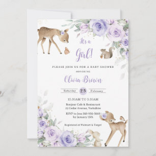 Purple Floral Woodland Animals Deer Baby Shower  Invitation