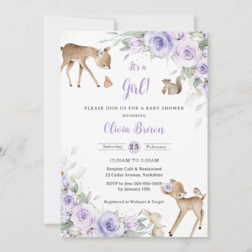 Purple Floral Woodland Animals Deer Baby Shower  Invitation