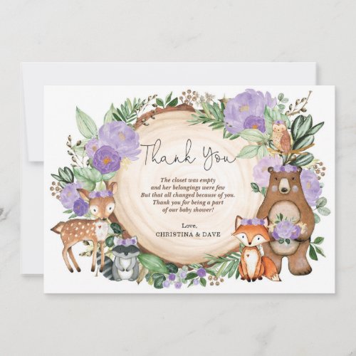 Purple Floral Woodland Animals Girl Baby Shower Thank You Card