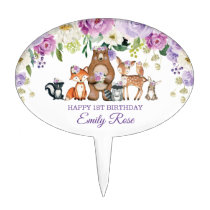 Purple Floral Woodland Animals Happy Birthday Cake Topper