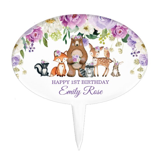 Purple Floral Woodland Animals Happy Birthday Cake Topper (Front)