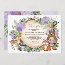 Purple Floral Woodland Forest Animals Baby Girl Invitation