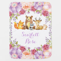 Purple Floral Woodland Forest Animals Girl Nursery Baby Blanket