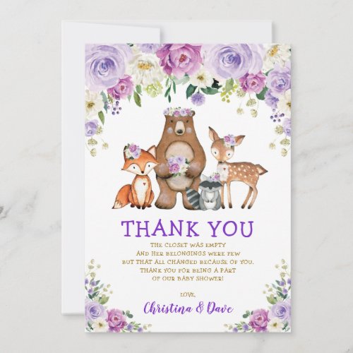 Purple Floral Woodland Forest Baby Shower Birthday Thank You Card