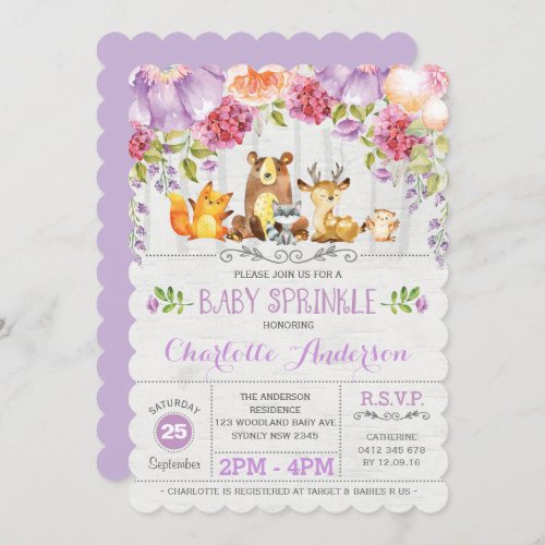 Purple Floral Woodland Forest Baby Sprinkle Invite