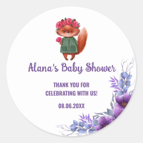 Purple Floral Woodland Fox Baby Shower Favor Classic Round Sticker