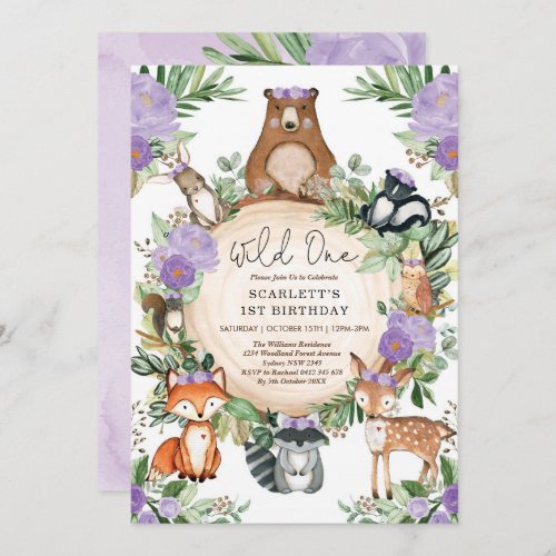 Purple Floral Woodland Girl Wild One1st Birthday Invitation