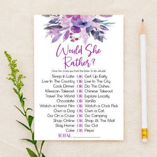 Purple Floral Would She Rather Bridal Shower Game Stationery