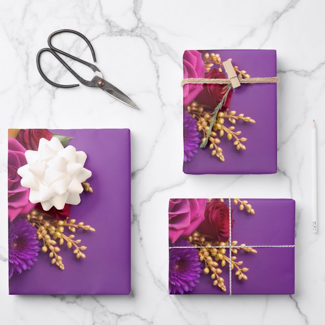 Purple Floral Wrapping Paper Sheets ("Rich purple florals that turn every gift into a showstopper")