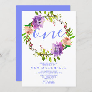 Purple Floral Wreath 1st Birthday Party Invite