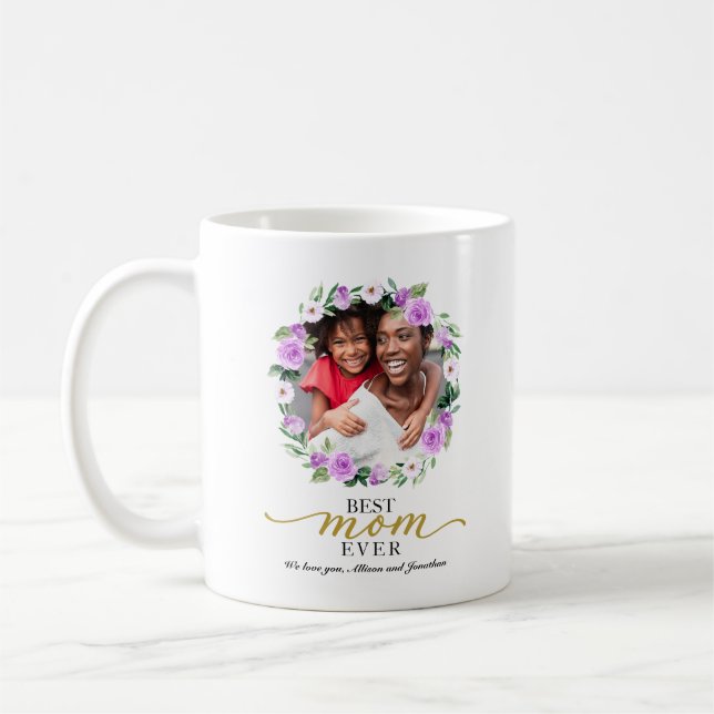 Purple Floral Wreath Best Mom Ever Mothers Day Coffee Mug (Left)
