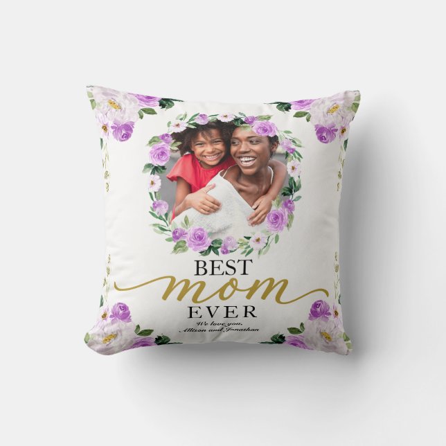 Purple Floral Wreath Best Mom Ever Mothers Day Throw Pillow (Front)