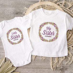 Purple Floral Wreath Big Sister Name Baby T-Shirt