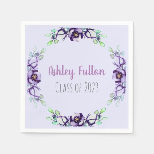 purple floral wreath _ class of 2023 napkins