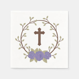 Purple Floral Wreath Cross Baptism Christening Napkins