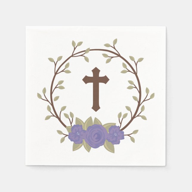 Purple Floral Wreath Cross Baptism Christening Napkins (Front)