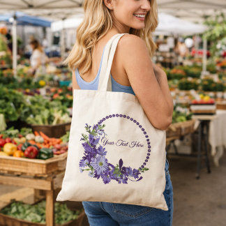 Purple Floral Wreath | Custom Text Spring Flower Tote Bag