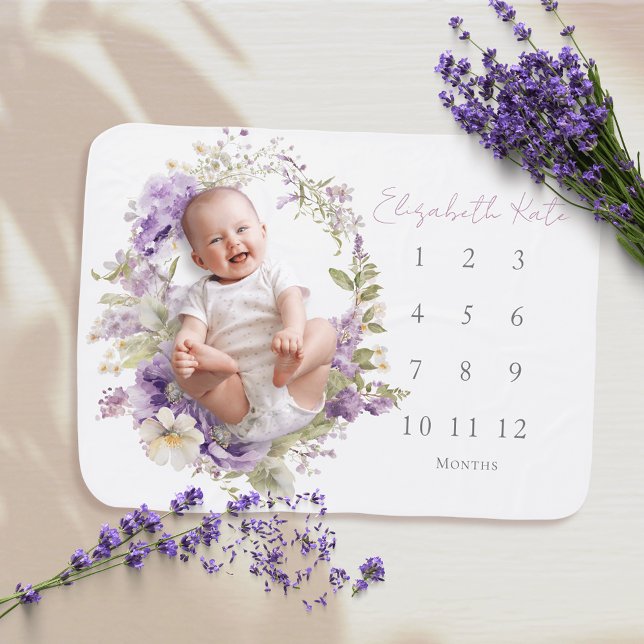 Purple Floral Wreath Girl Monthly Milestone Baby Blanket (Creator Uploaded)
